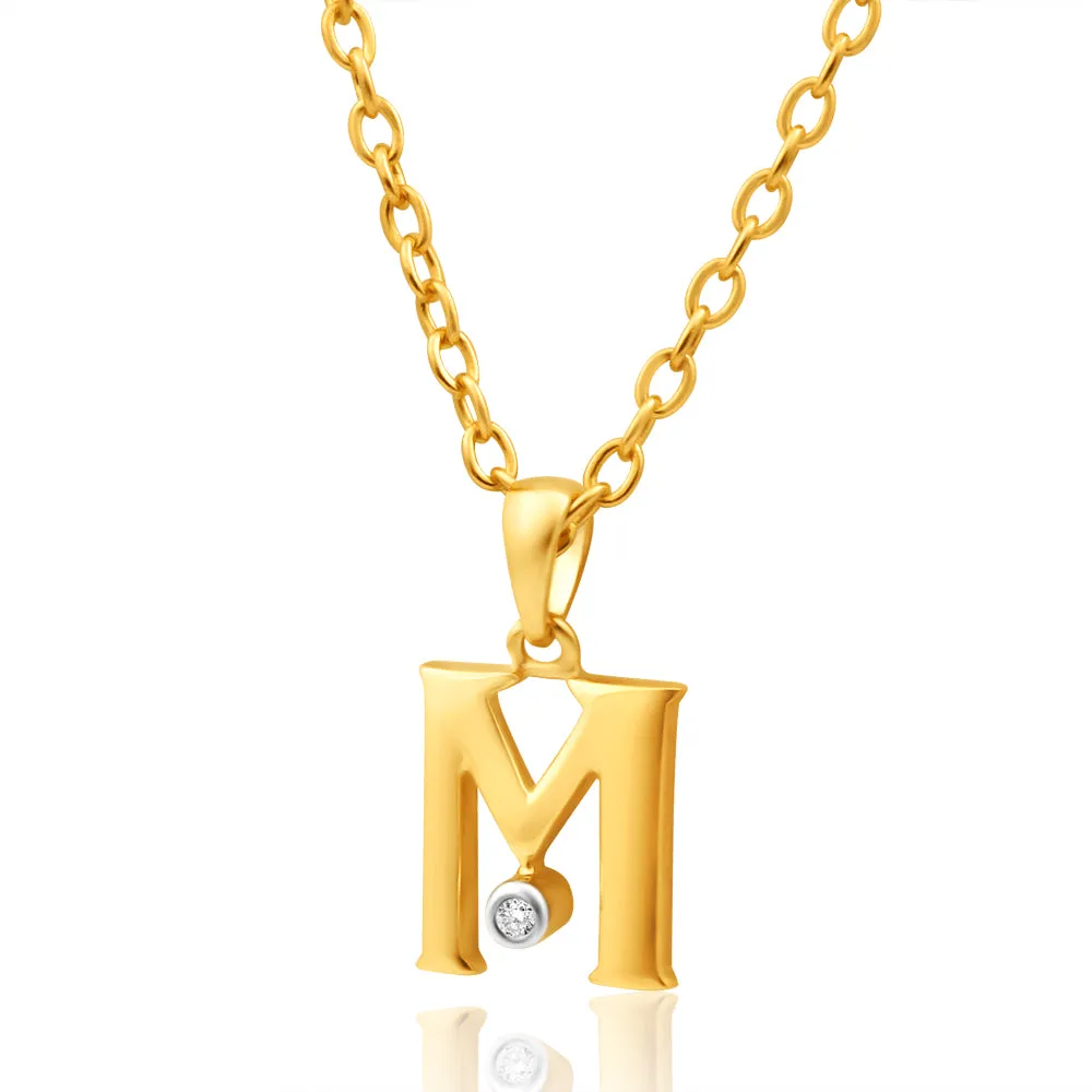 9ct Yellow Gold Pendant Initial M set with diamond Shiels