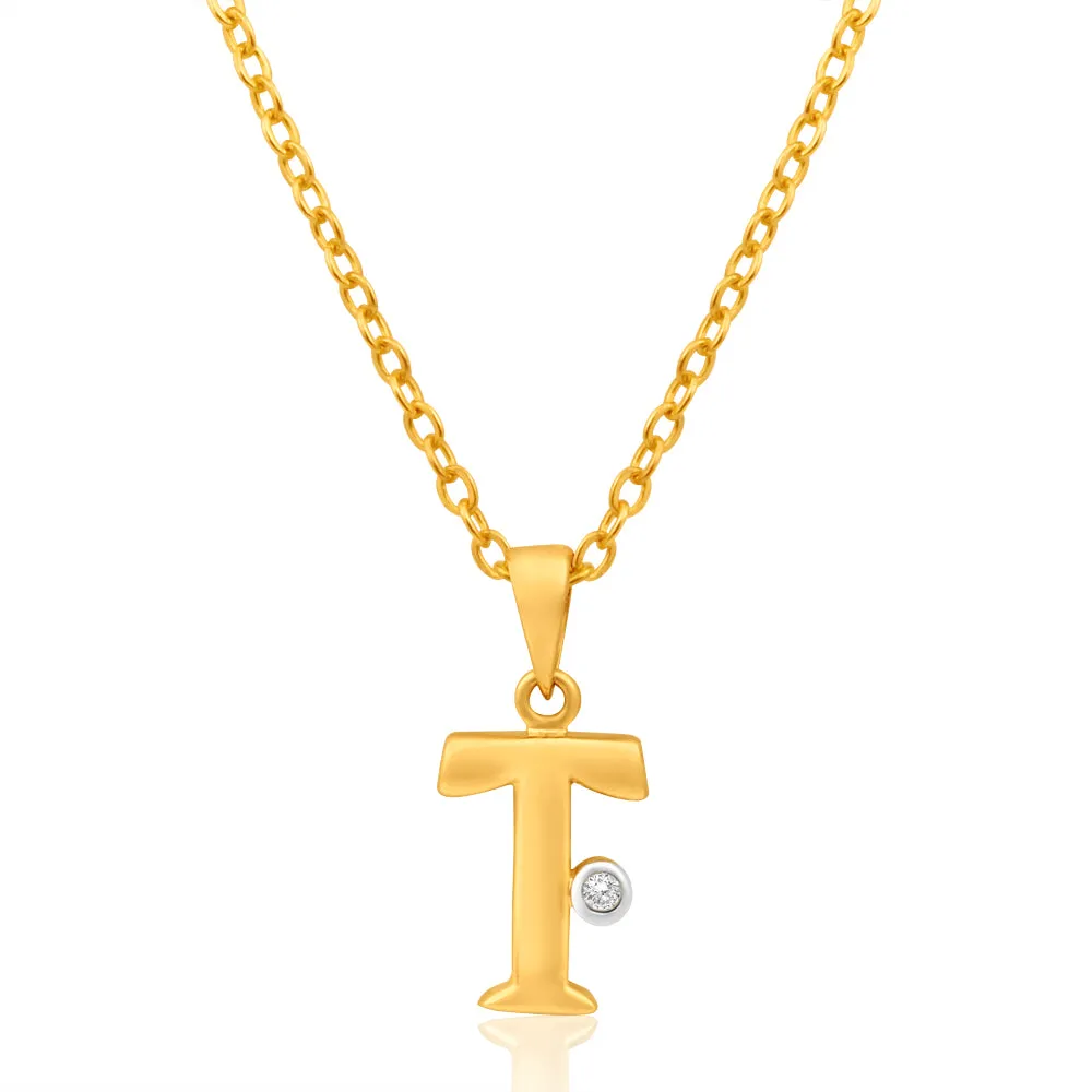 9ct Yellow Gold Pendant Initial T set with diamond Shiels