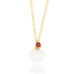 9ct Yellow Gold Red Cubic Zirconia And Pearl Pendant On Chain Shiels