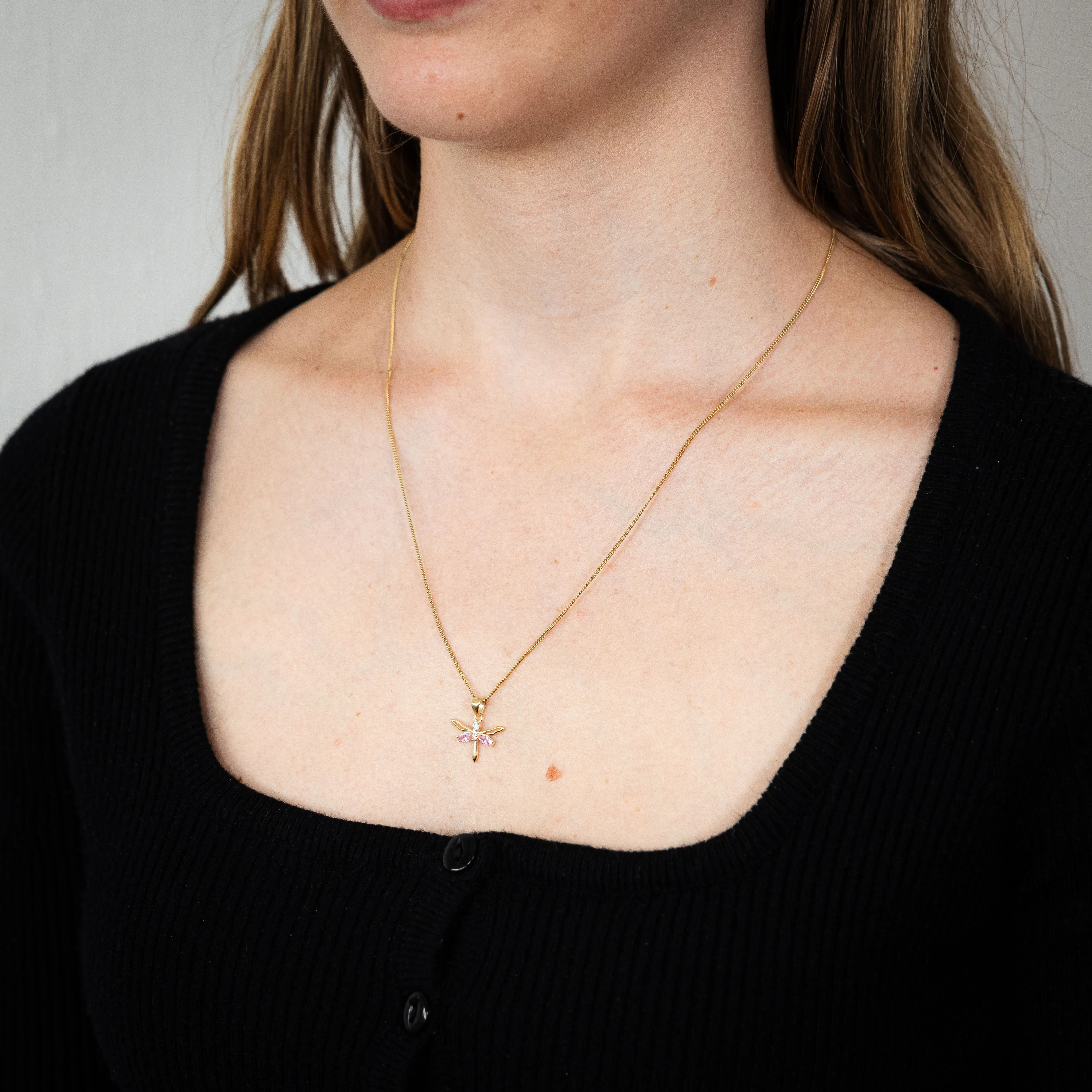 9ct Yellow Gold Zirconia Pink Dragonfly Pendant Shiels