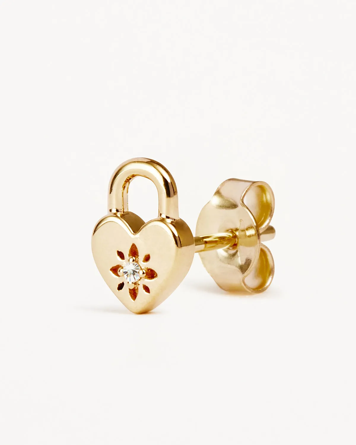 9k Solid Gold Lab-Grown Diamond Lotus Heart Padlock Stud Earring Bycharlotte