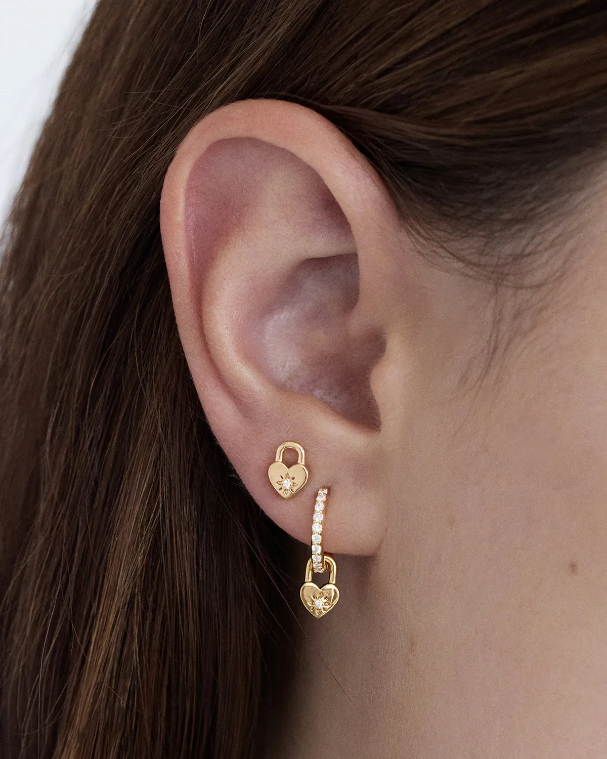 9k Solid Gold Lab-Grown Diamond Lotus Heart Padlock Stud Earring Bycharlotte