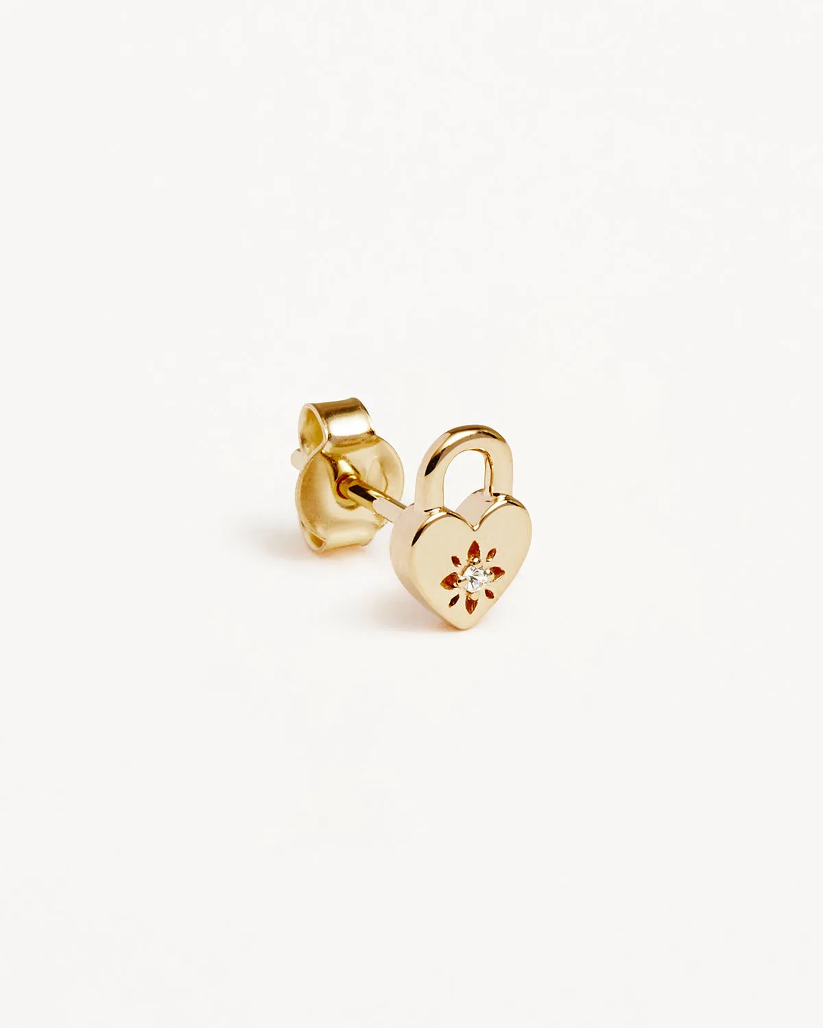 9k Solid Gold Lab-Grown Diamond Lotus Heart Padlock Stud Earring Bycharlotte