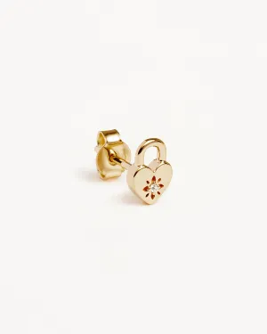 9k Solid Gold Lab-Grown Diamond Lotus Heart Padlock Stud Earring Bycharlotte