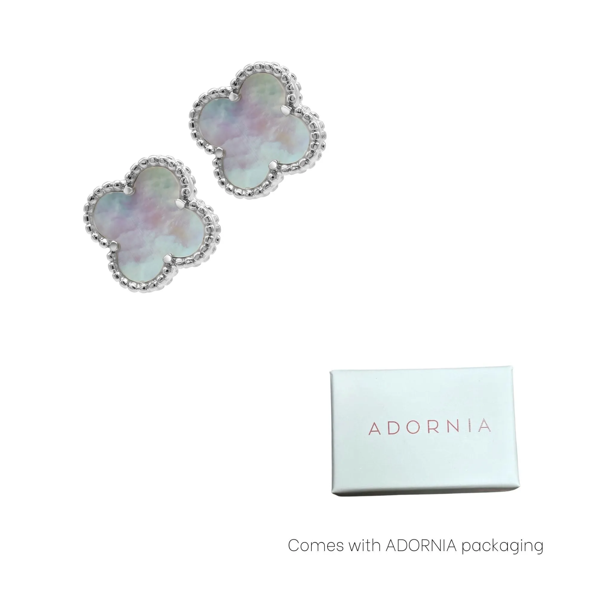 Adornia Quatrefoil White Mother of Pearl Clover Stud Earrings silver