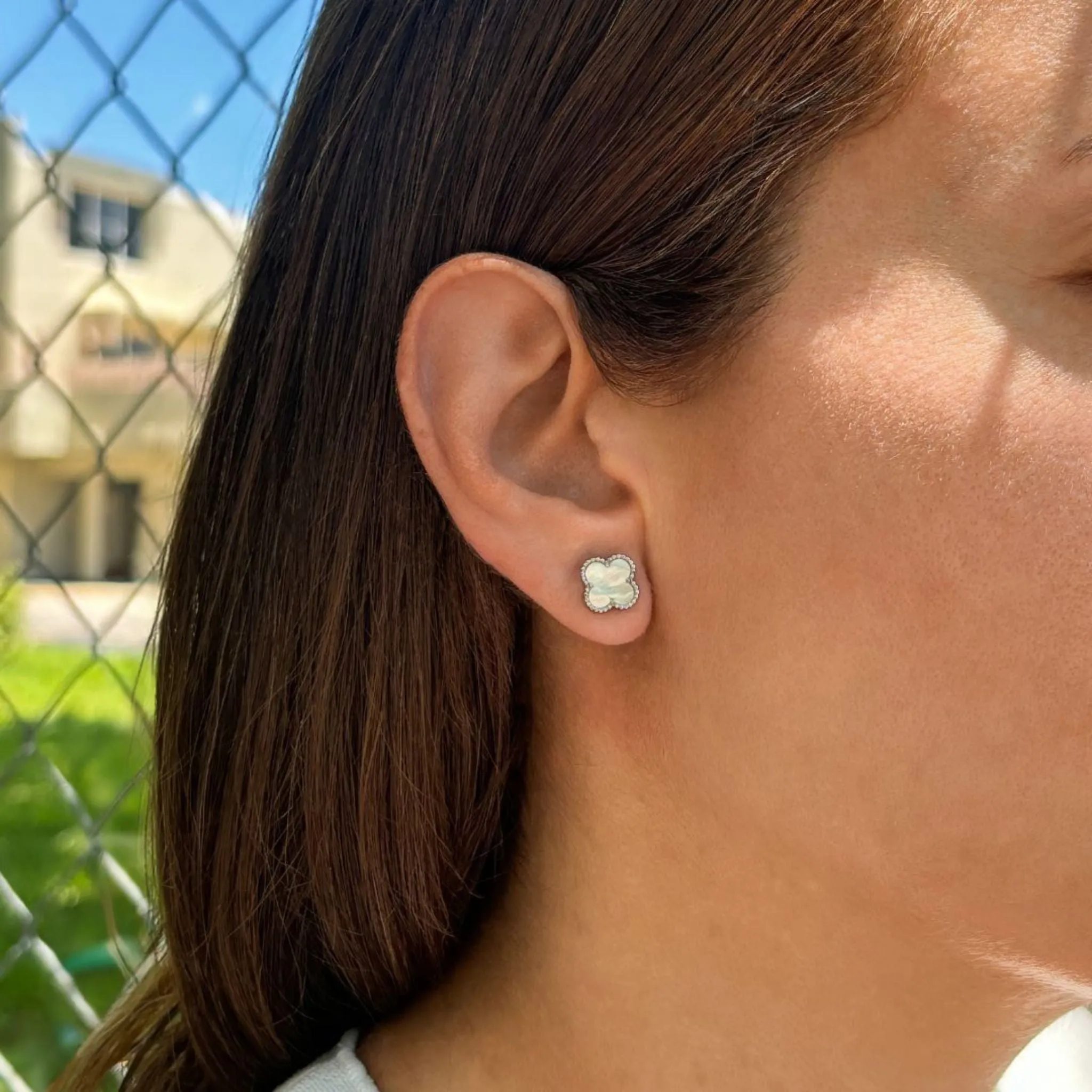 Adornia Quatrefoil White Mother of Pearl Clover Stud Earrings silver