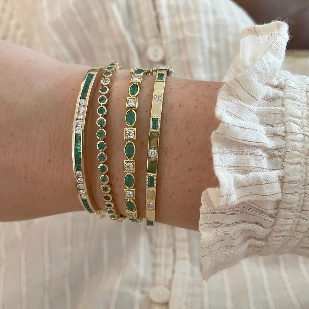 Baguette Emerald & Round Diamond Two Tone Bangle