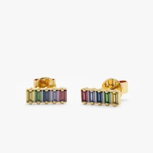 Baguette Rainbow Sapphire Bar Earrings, Kira SARAHELISE