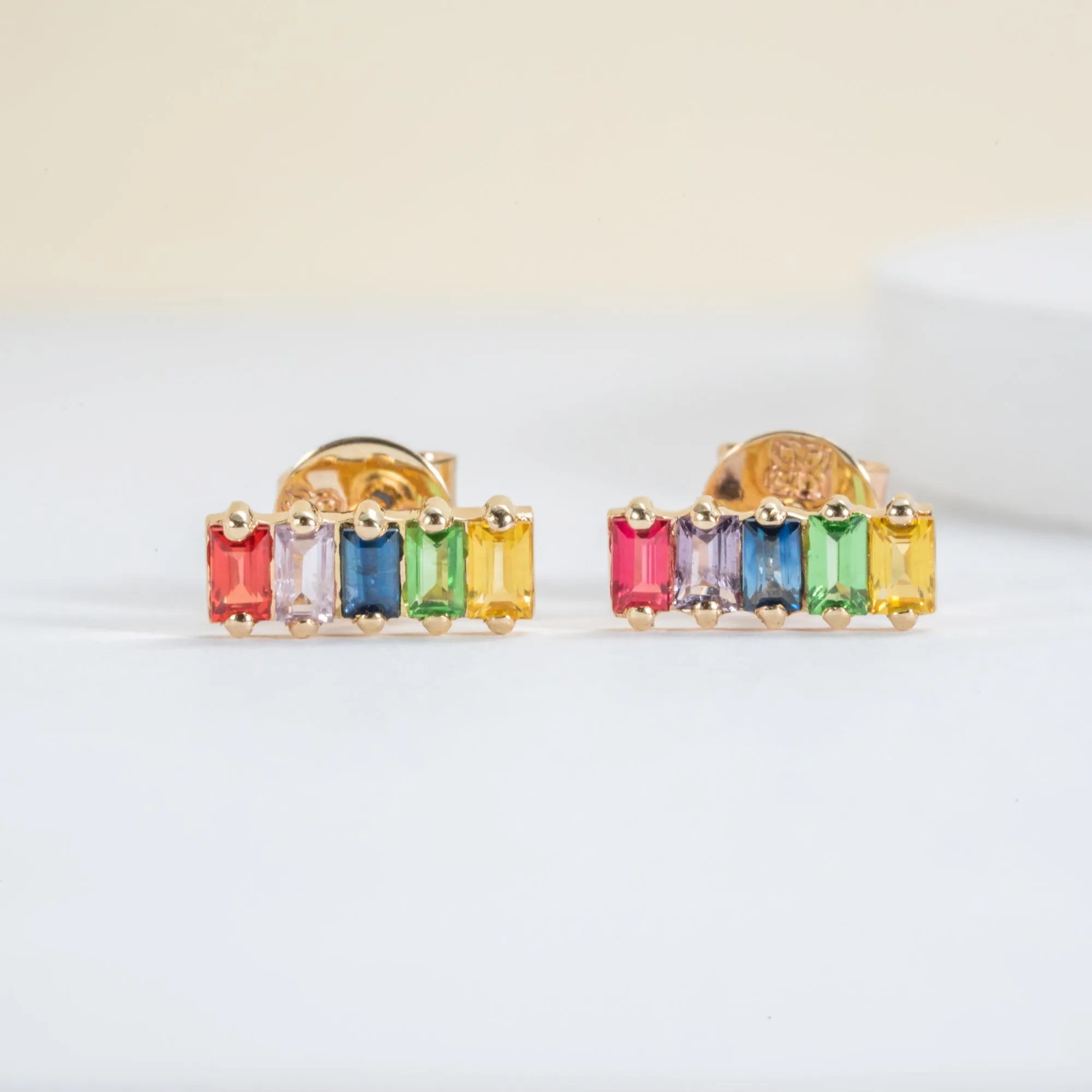Baguette Rainbow Sapphire Bar Earrings, Kira SARAHELISE