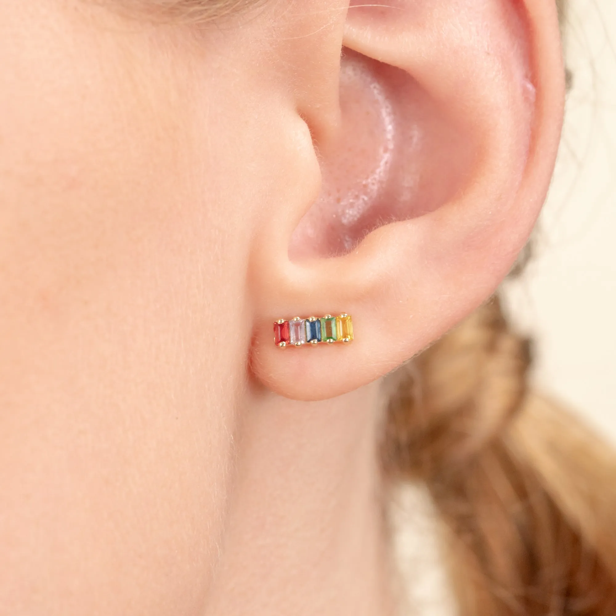 Baguette Rainbow Sapphire Bar Earrings, Kira SARAHELISE
