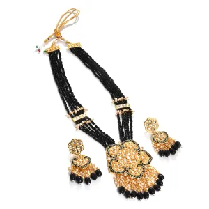 Black Color Gold Plated Kundan Beaded Necklace And Earrings Set For Women's