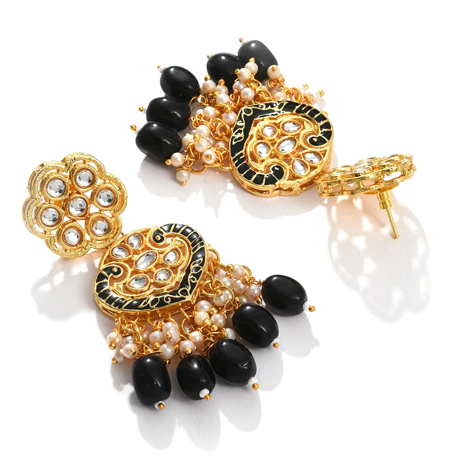 Black Color Gold Plated Kundan Beaded Necklace And Earrings Set For Women's