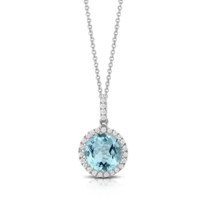 Blue Topaz & Diamond Halo Pendant 18K White Gold Necklace Croghans
