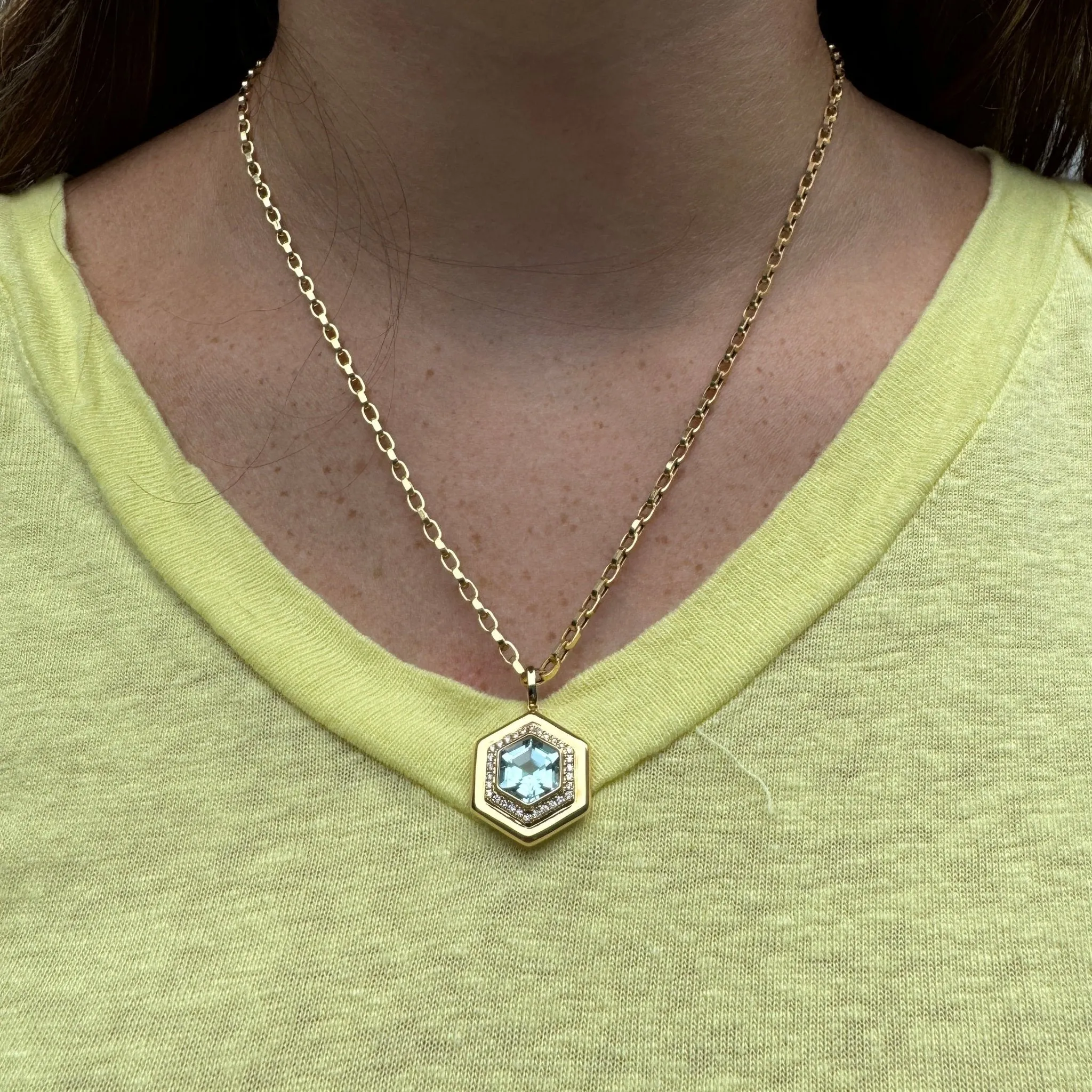 Blue Topaz & Diamond Hexagon 18K Yellow Gold Pendant Necklace Croghans