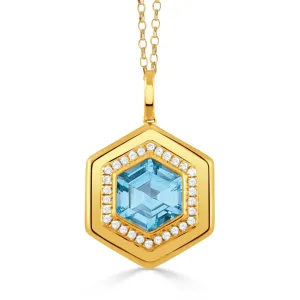 Blue Topaz & Diamond Hexagon 18K Yellow Gold Pendant Necklace Croghans
