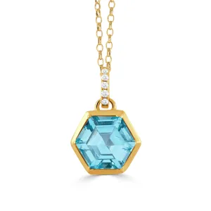 Blue Topaz Hexagon 18K Yelow Gold Pendant Necklace Croghans