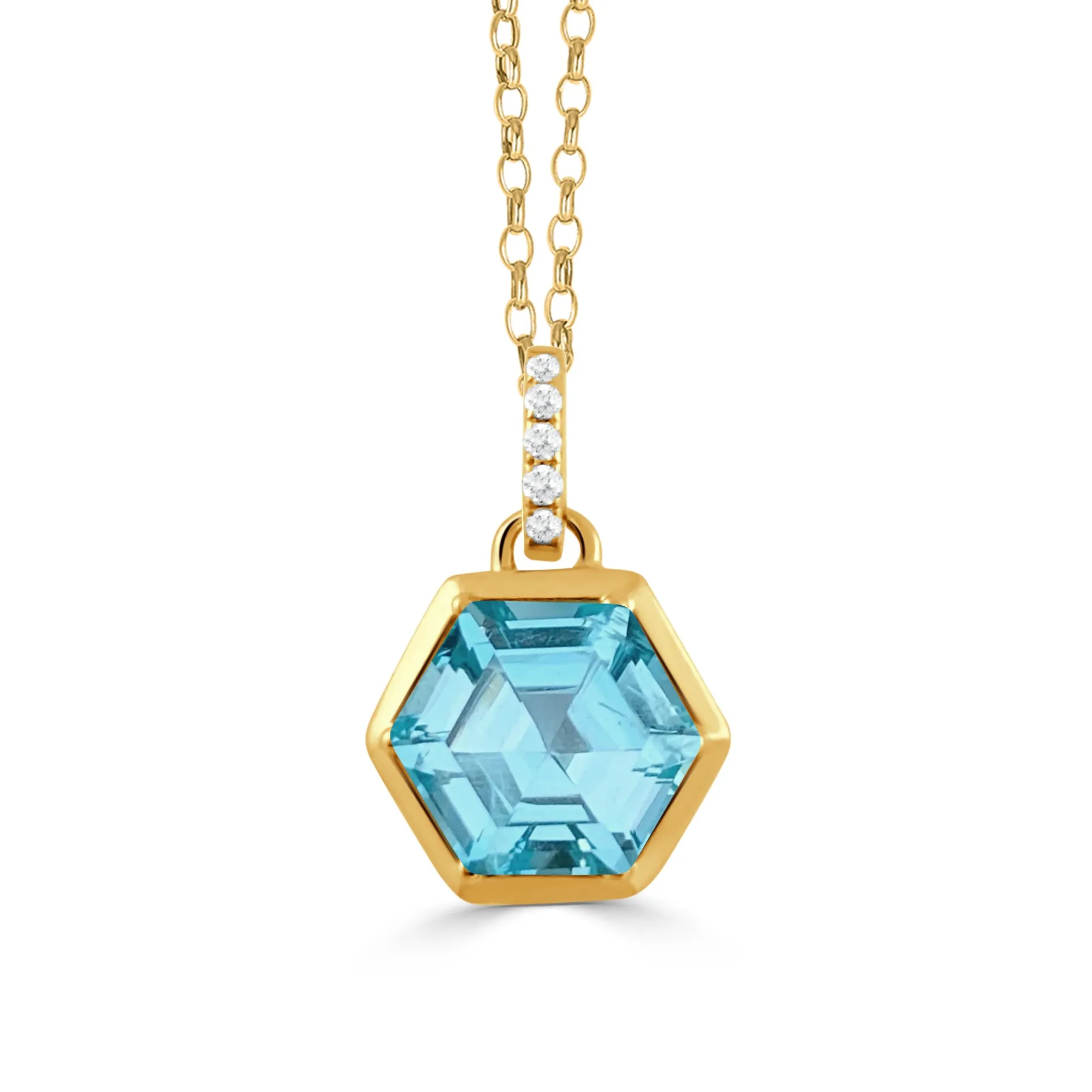 Blue Topaz Hexagon 18K Yelow Gold Pendant Necklace Croghans