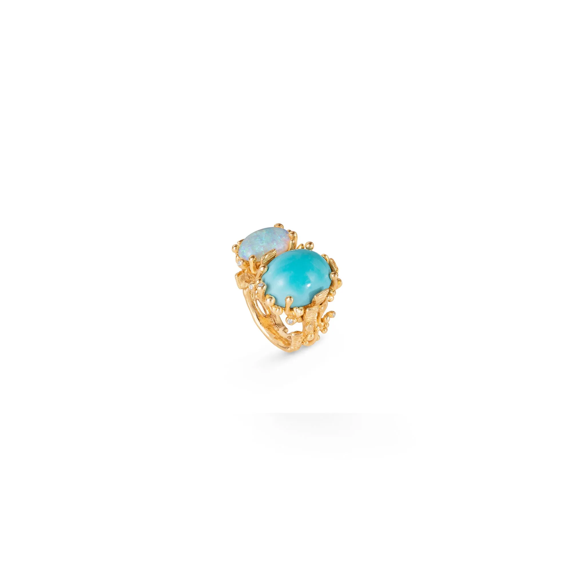 BoHo Double 18K Gold Ring w. Diamond, Opal & Turquoise