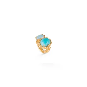 BoHo Double 18K Gold Ring w. Diamond, Opal & Turquoise
