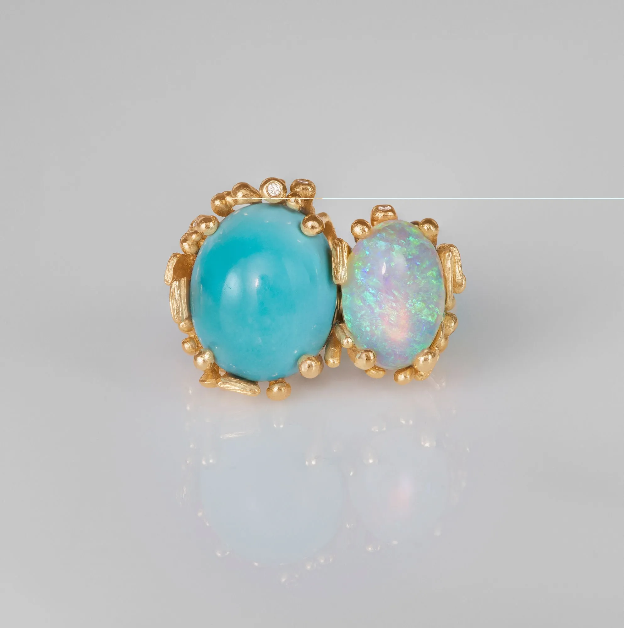 BoHo Double 18K Gold Ring w. Diamond, Opal & Turquoise