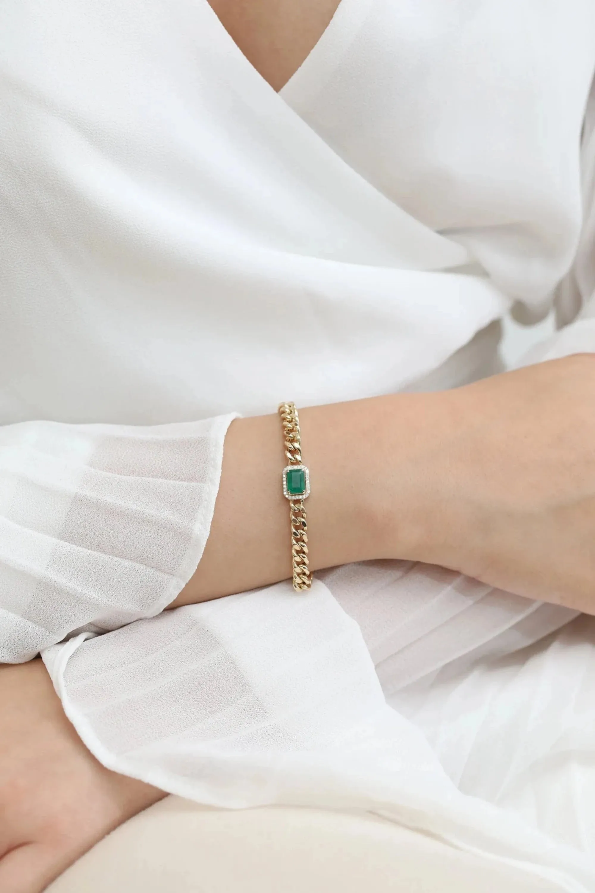 Bold Emerald & Diamond Cuban Chain Bracelet, Juliet SARAHELISE