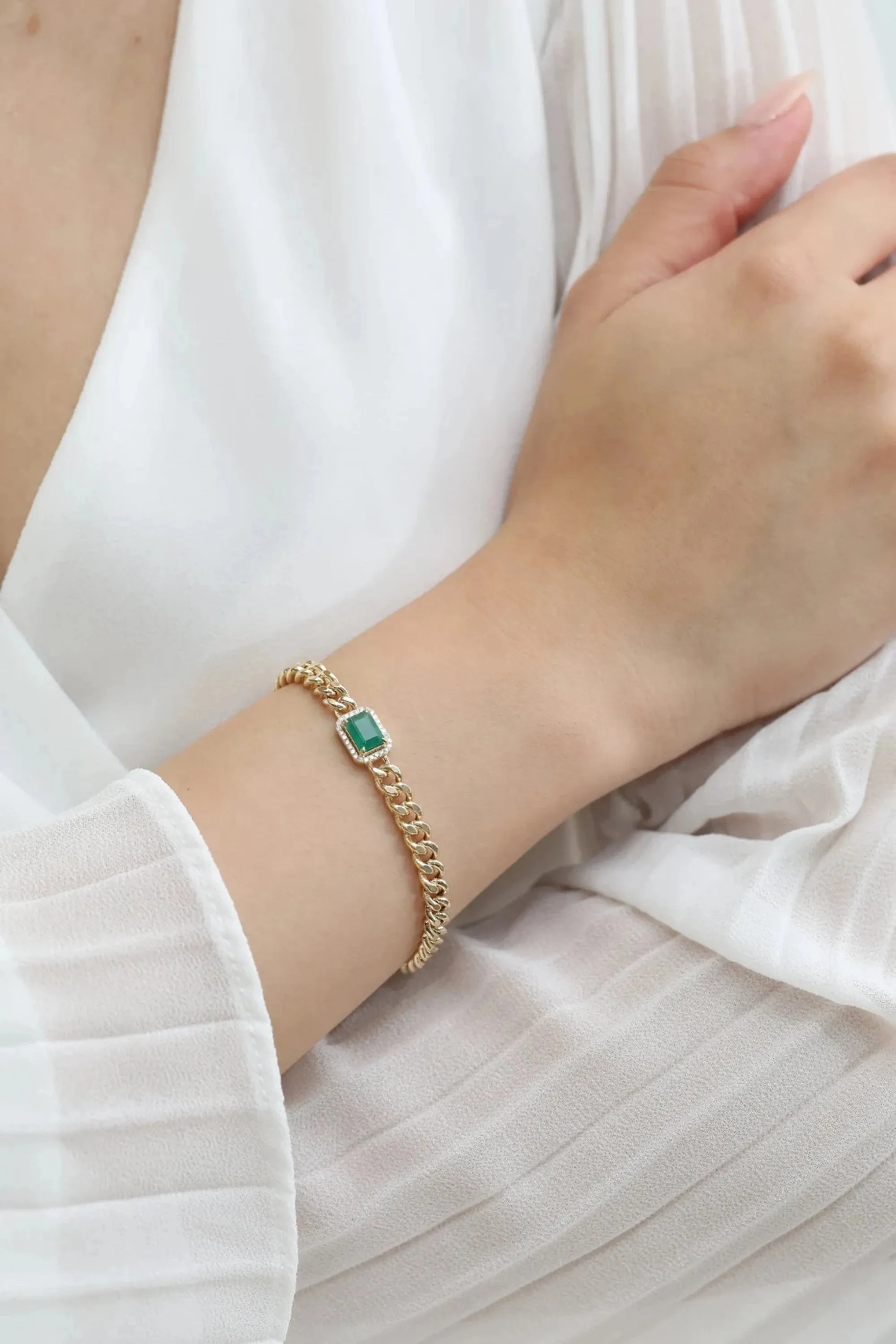 Bold Emerald & Diamond Cuban Chain Bracelet, Juliet SARAHELISE