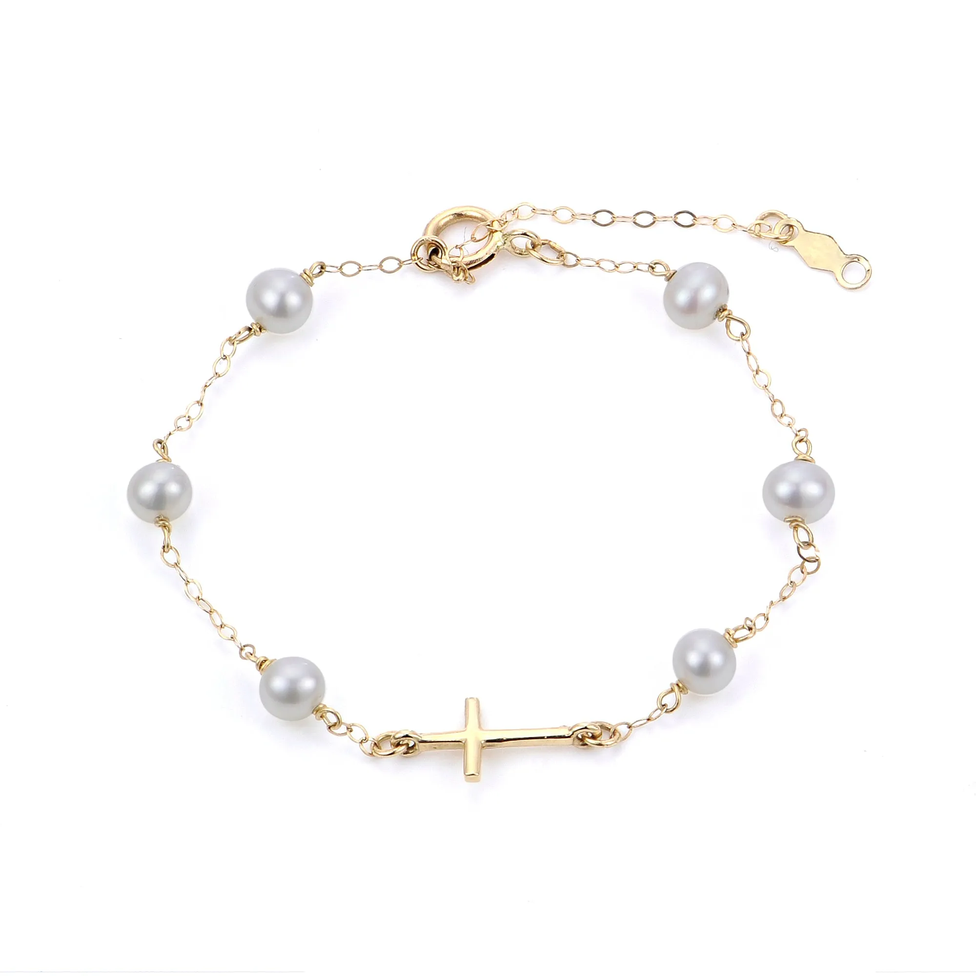 Child 4mm Freshwater Pearl Cross Station 14K Yellow Gold Bracelet