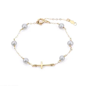 Child 4mm Freshwater Pearl Cross Station 14K Yellow Gold Bracelet