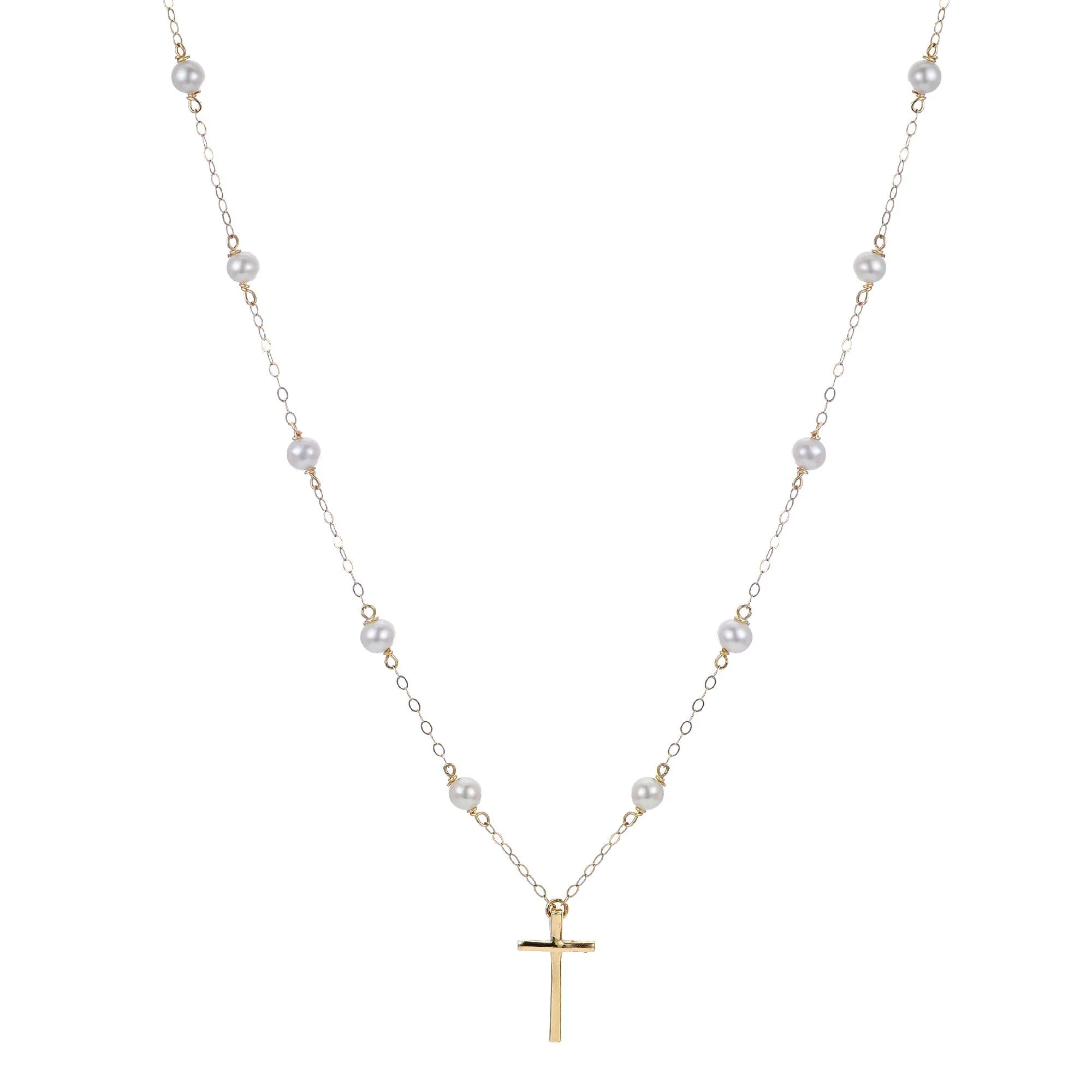 Child 4mm Freshwater Pearl Station 14K Yellow Gold Cross Necklace Croghans