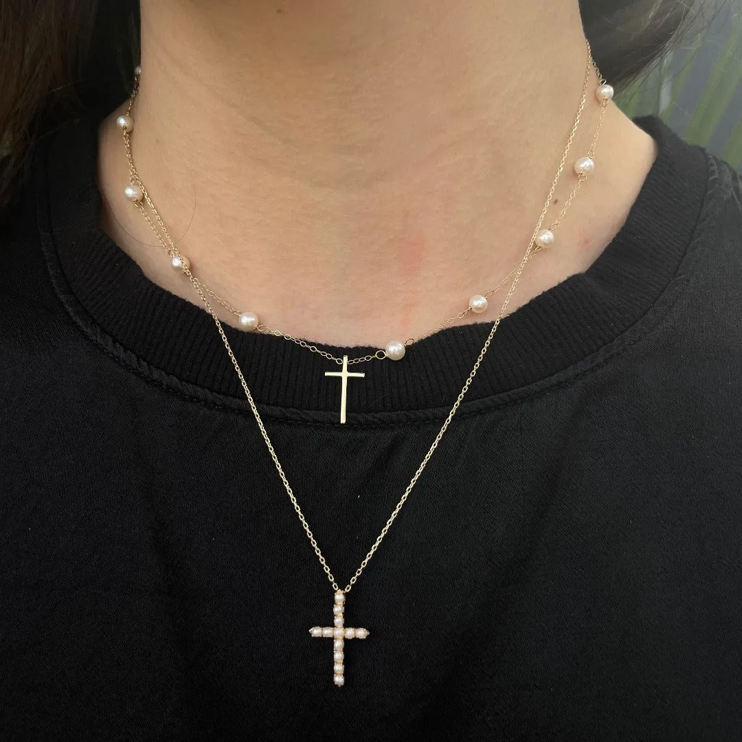 Child 4mm Freshwater Pearl Station 14K Yellow Gold Cross Necklace Croghans