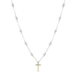 Child 4mm Freshwater Pearl Station 14K Yellow Gold Cross Necklace Croghans
