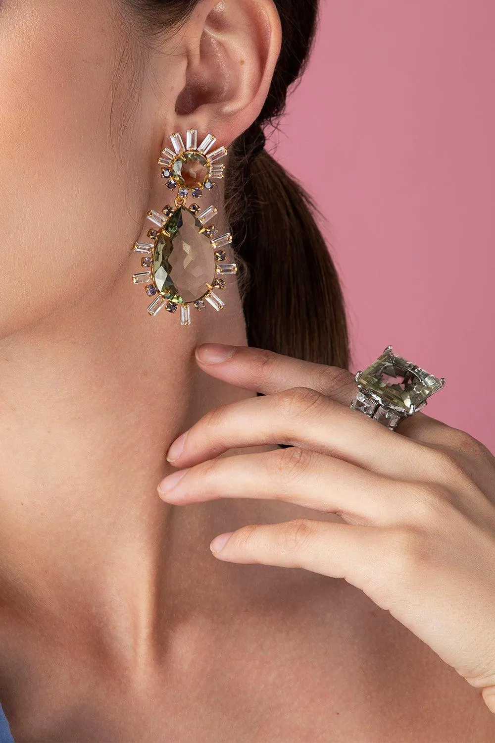 Clear Quartz Green Amethyst Earrings