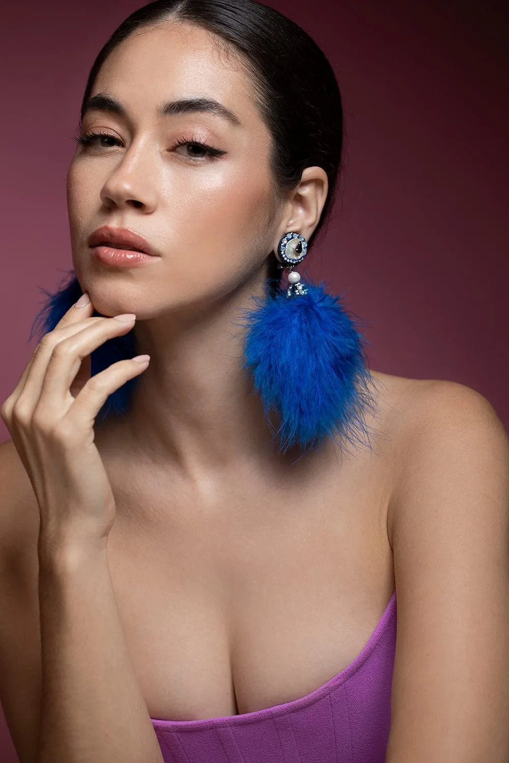 Cobalt Pom Marabou Feather Earrings
