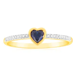 Created Sapphire & Heart Shaped Diamond Ring in 9ct Yellow Gold Shiels