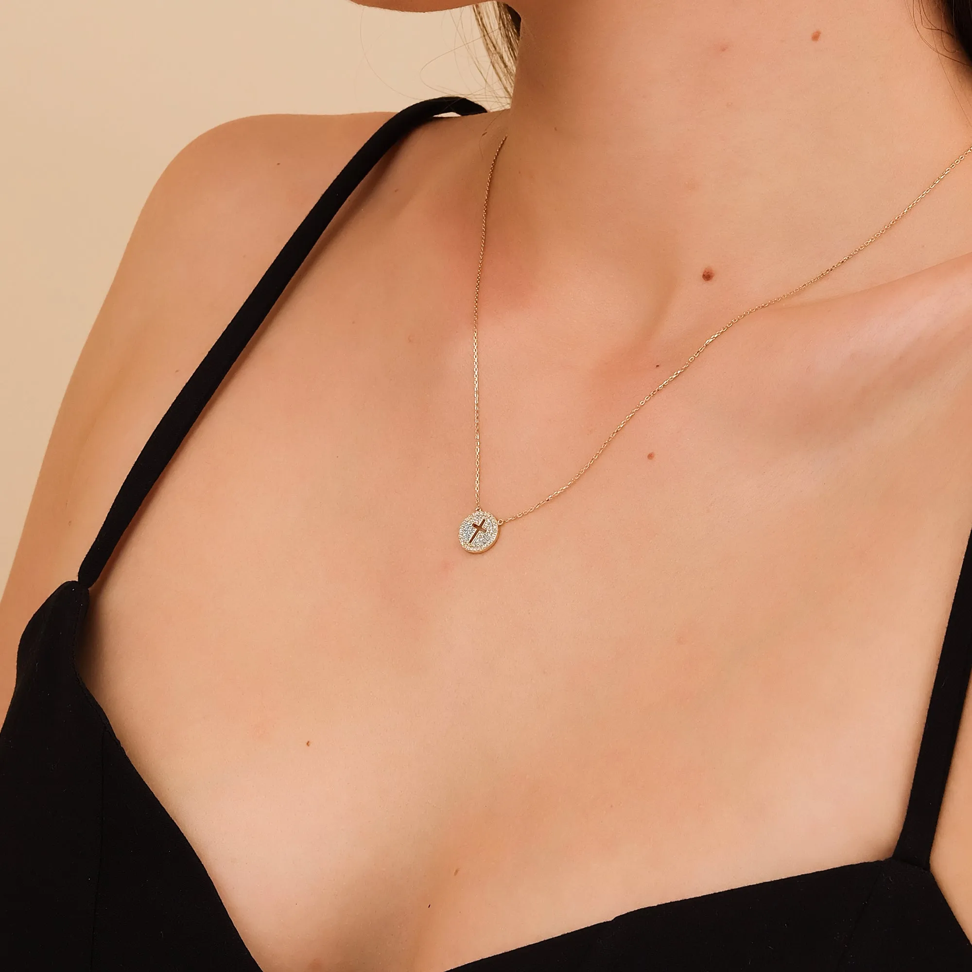 Cross Cutout Diamond Disc Necklace, Magdalen SARAHELISE