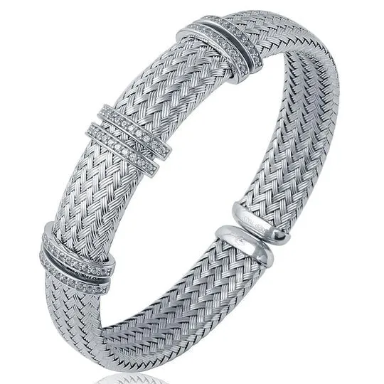 CZ Gold-Plated Silver 12mm Mesh Cuff Bangle