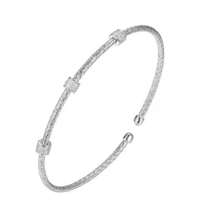 CZ Rhodium-Plated Silver 2mm Mesh Cuff Bangle