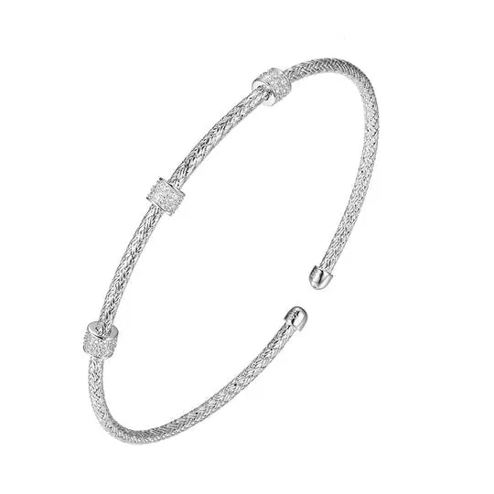 CZ Rhodium-Plated Silver 2mm Mesh Cuff Bangle