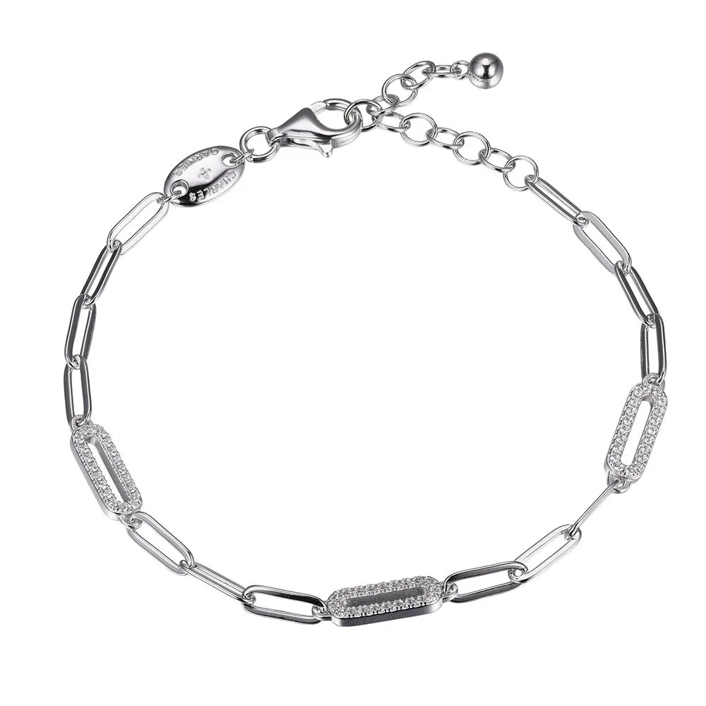 CZ Rhodium-Plated Silver Paperclip Chain Bracelet