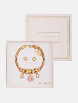 Demi Gold-Tone Flower Charm Bracelet and Earrings Box Set