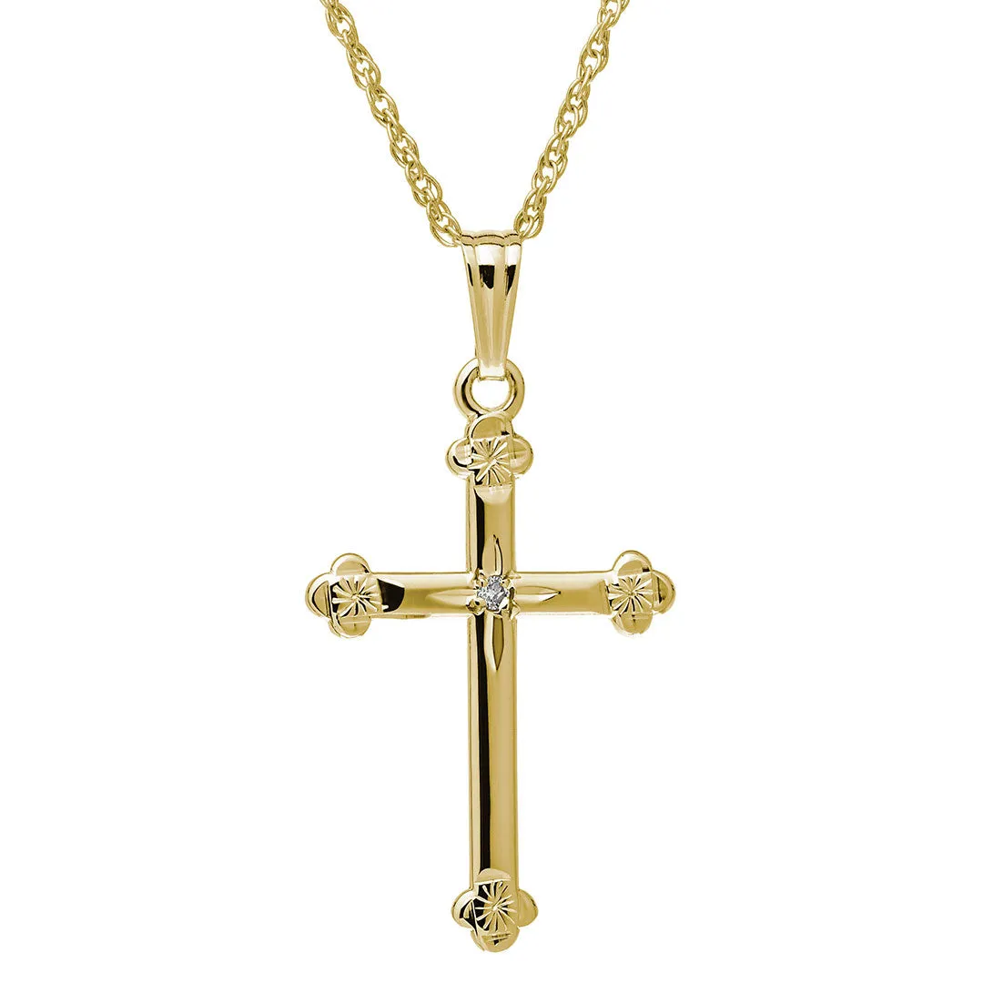 Diamond 14K Yellow Gold Budded Cross Pendant Necklace Croghans