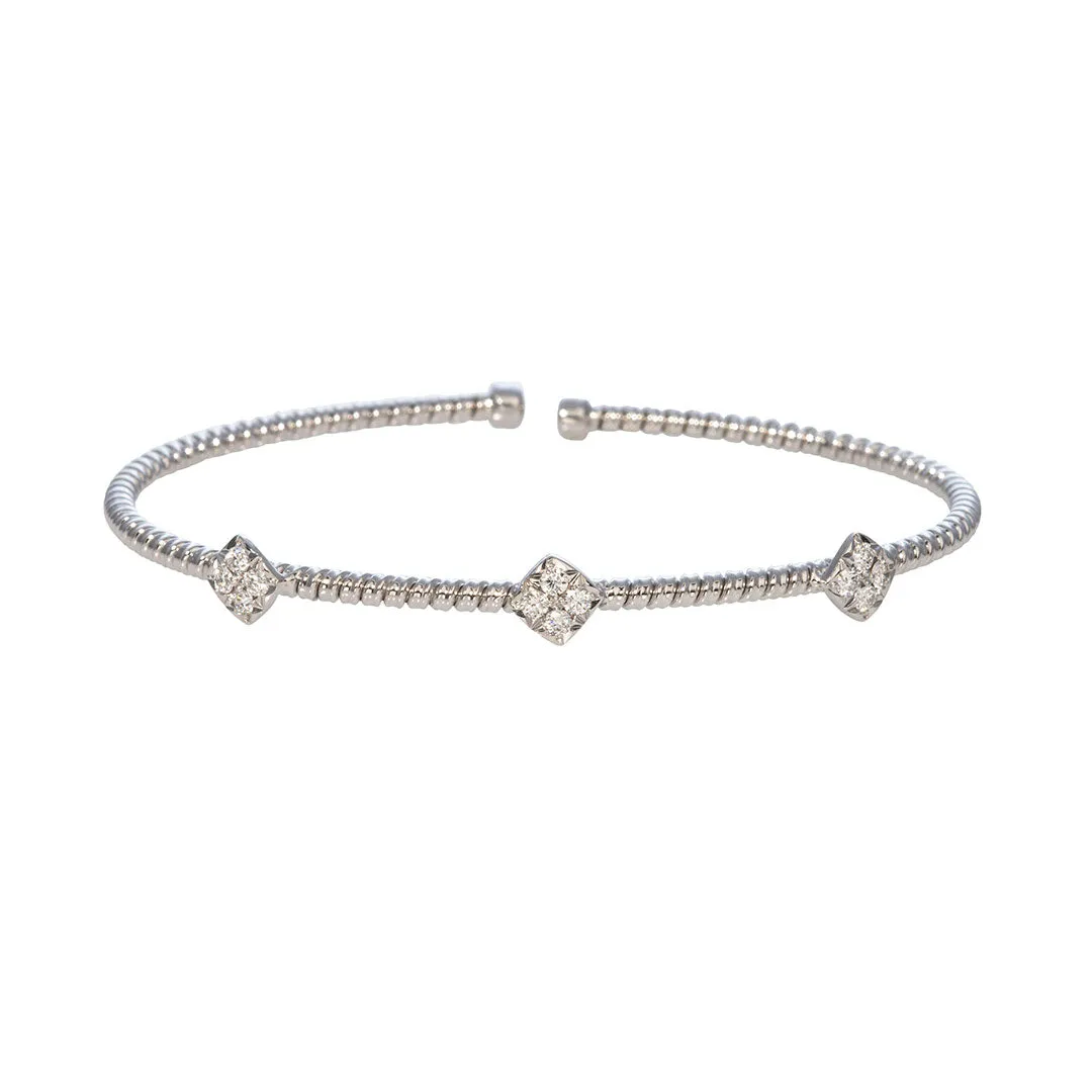 Diamond 3-Station 18K White Gold Flexible Cuff Bangle