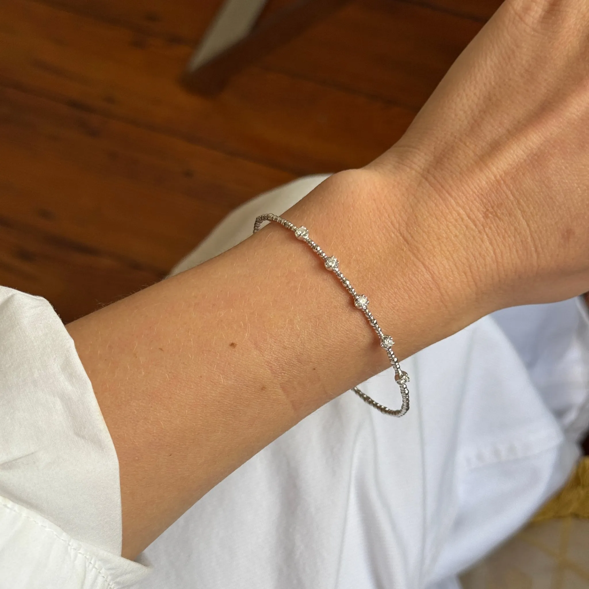 Diamond 5-Station 14K White Gold Beaded Flexible Bangle