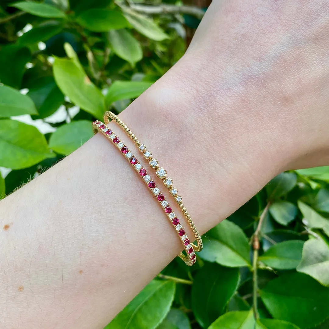 Diamond 7 Stone 14K Yellow Gold Beaded Flexible Bangle