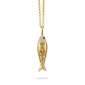 Diamond & Sapphire Fish 18K Yellow Gold Pendant Necklace Croghans