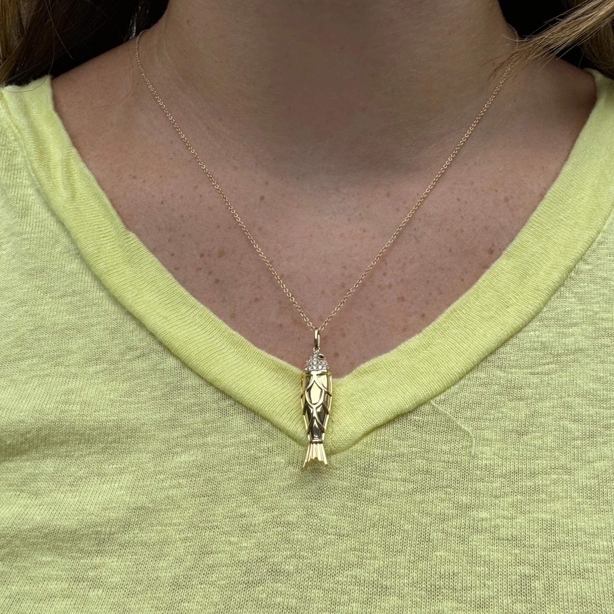 Diamond & Sapphire Fish 18K Yellow Gold Pendant Necklace Croghans