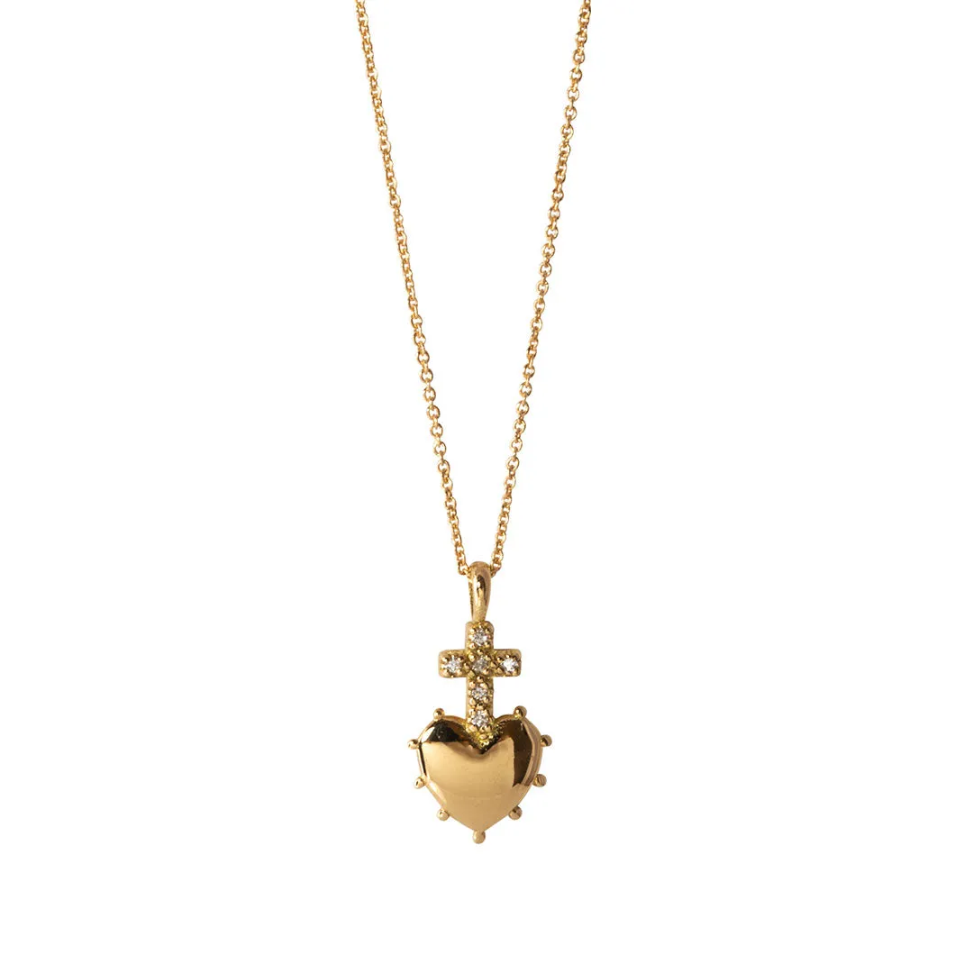 Diamond Cross Heart 18K Gold Mini Pendant Necklace Croghans