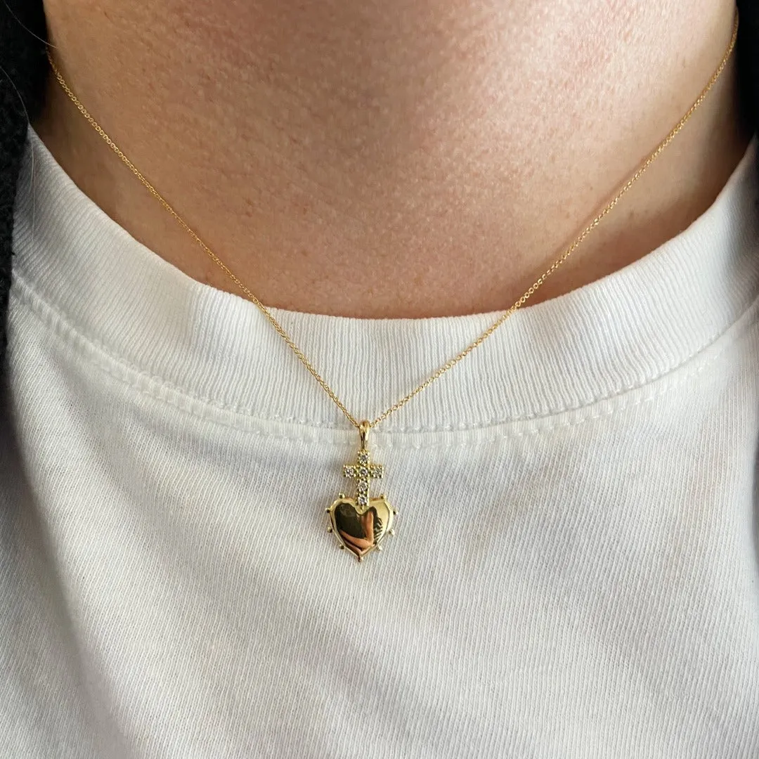 Diamond Cross Heart 18K Gold Mini Pendant Necklace Croghans