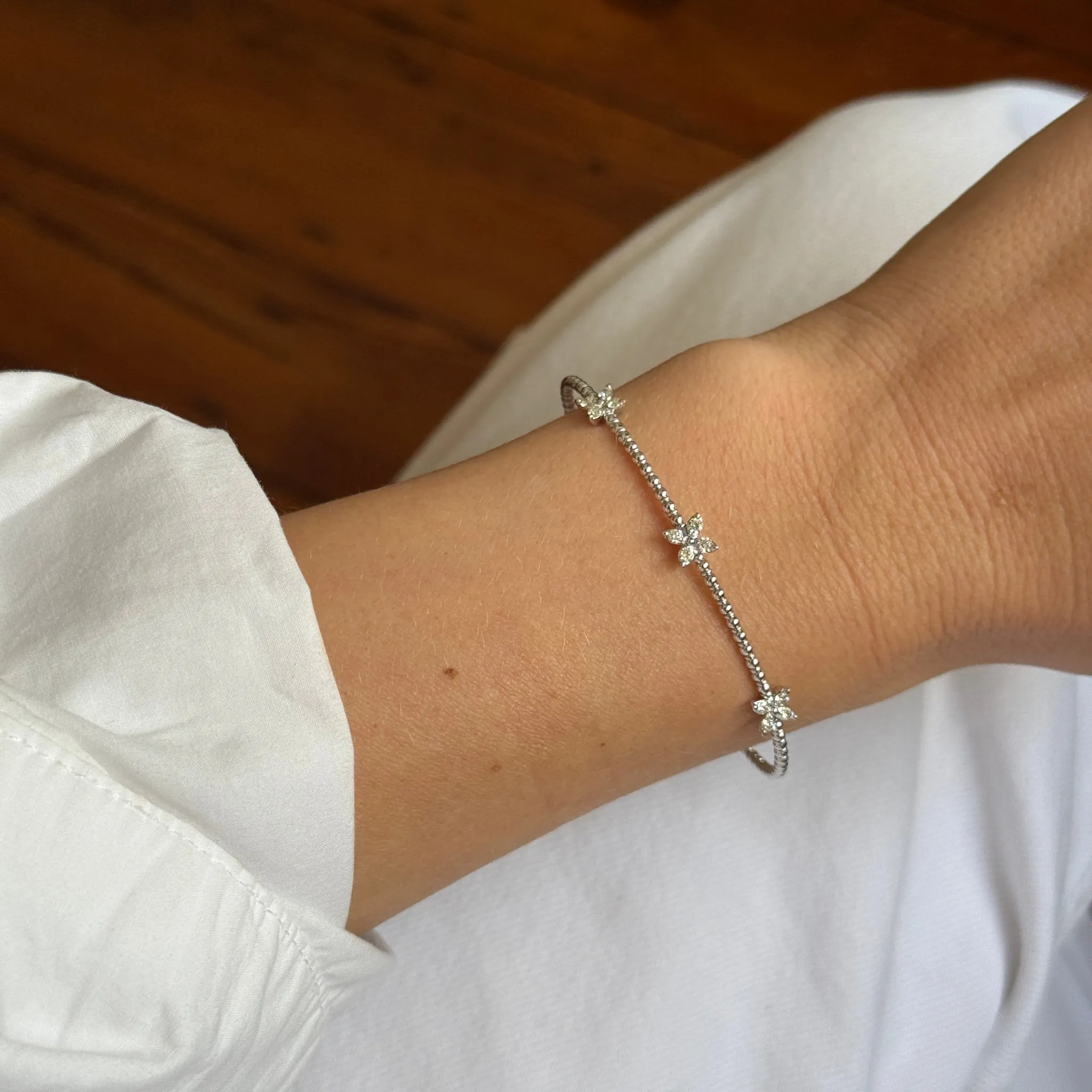 Diamond Flower 3-Station 14K White Gold Flex Bangle