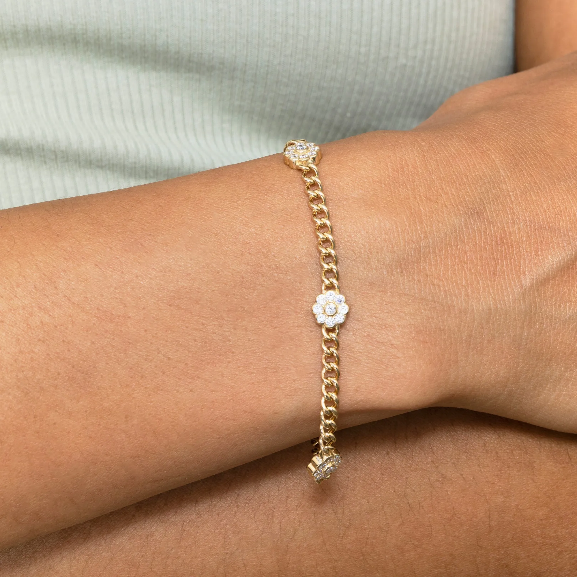 Diamond Flower Cuban Chain Bracelet, Neva SARAHELISE